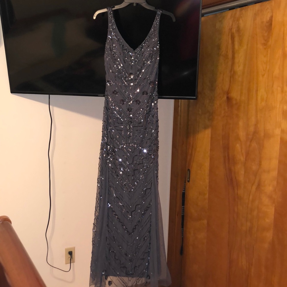 Aidan Mattox Gun metal gray prom dress
